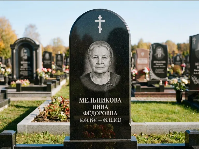 Памятник из чёрного гранита — стела с резным навершием с латинским крестом, работа «Савельева» в Оренбурге