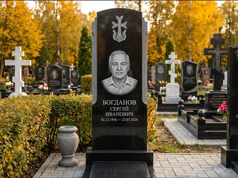 Памятник из чёрного гранита — круглая стела-медальон с армянским хачкаром, работа «Ковалёв» в Оренбурге