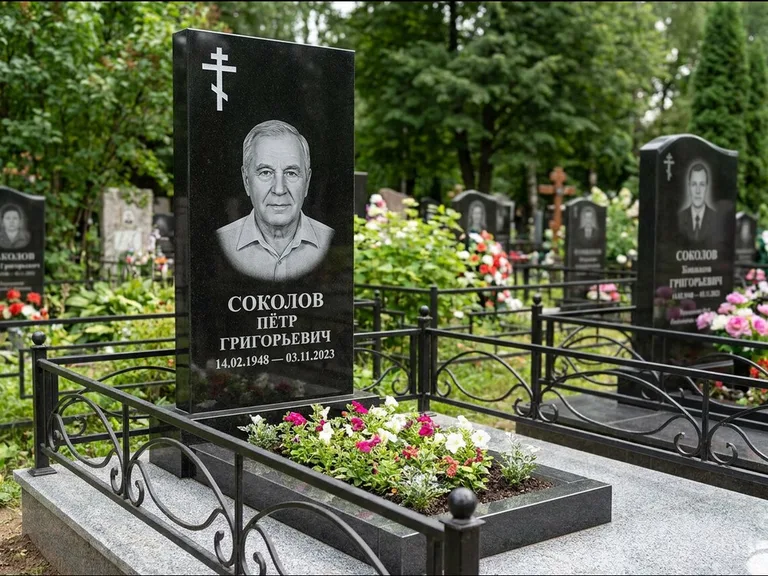 Памятник из чёрного гранита — стела с арочным верхом с православным восьмиконечным крестом, работа «Ковалёв» в Оренбурге