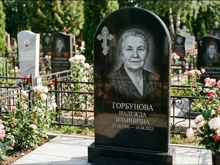 Памятник из чёрного гранита — стела с боковой колонной с крестом в лучах, работа «Мельникова» в Оренбурге