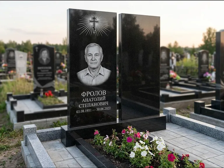 Памятник из чёрного гранита — стела на ступенчатом постаменте с золочёным крестом, работа «Богданов» в Оренбурге