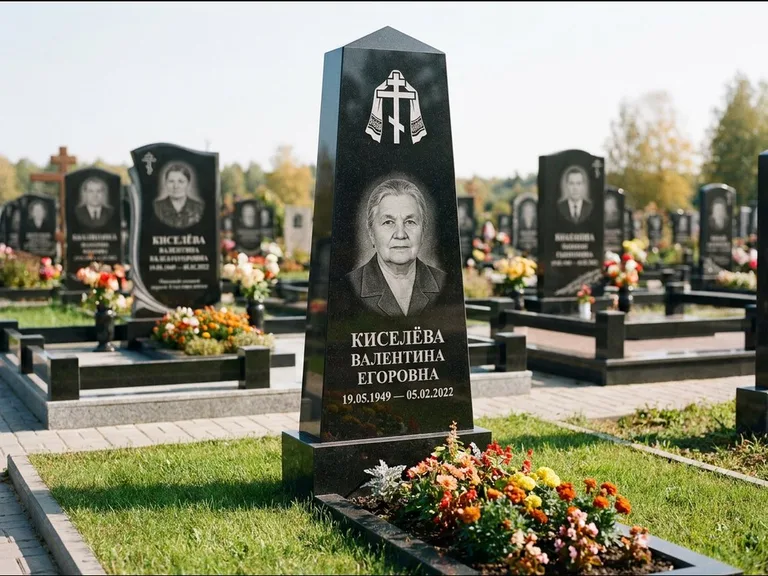 Памятник из чёрного гранита — стела со скошенным верхом с ажурным резным крестом, работа «Селезнёва» в Оренбурге
