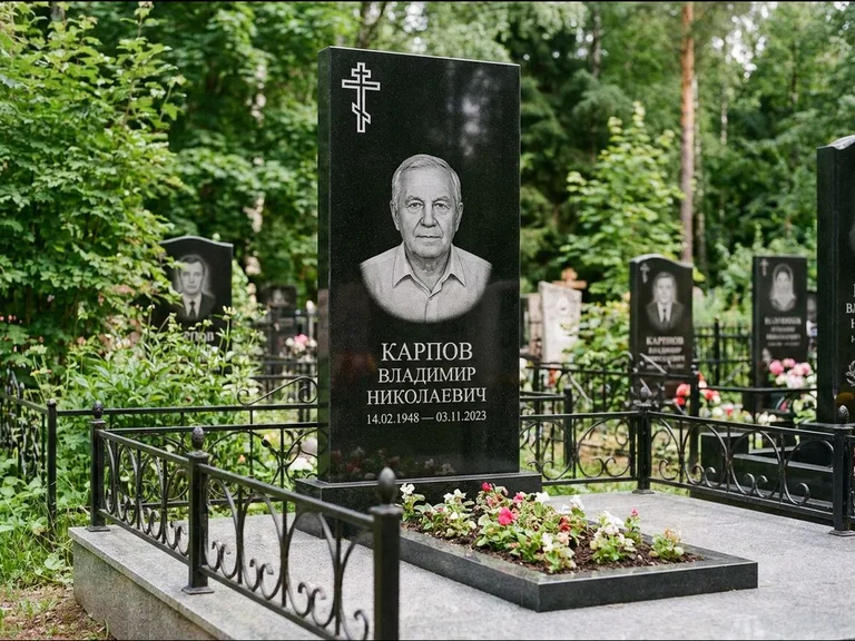 Памятник из чёрного гранита — узкая стела с ажурным крестом с православным восьмиконечным крестом, работа «Гущин» в Оренбурге