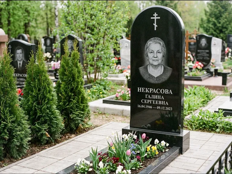 Памятник из чёрного гранита — стела с цветником-плитой с латинским крестом, работа «Лаврентьева» в Оренбурге