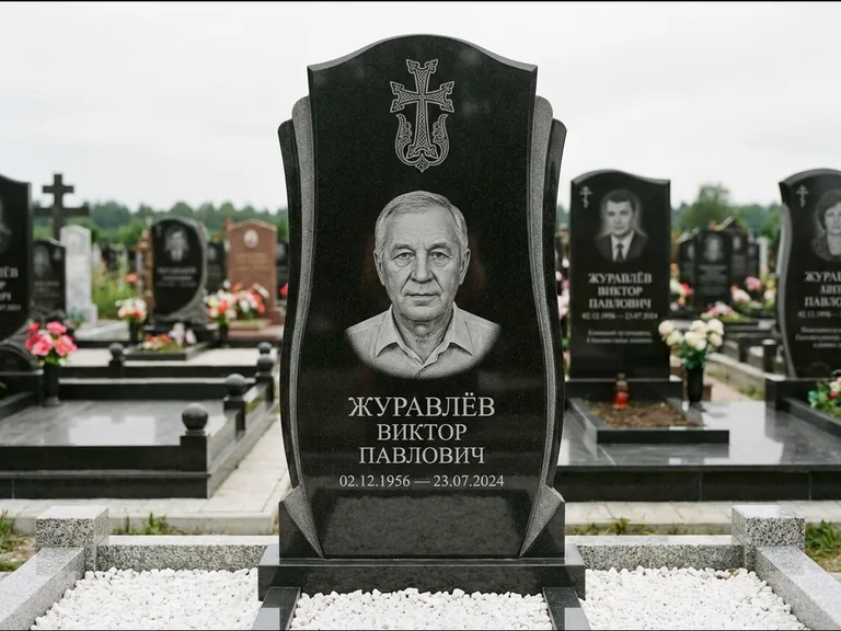 Памятник из чёрного гранита — панорамная стела с армянским хачкаром, работа «Тихонов» в Оренбурге