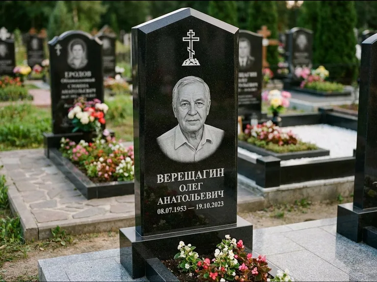 Памятник из чёрного гранита — обелиск-колонна с крестом на Голгофе, работа «Ковалёв» в Оренбурге