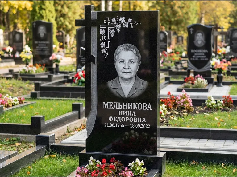 Памятник из чёрного гранита — стела с резной рамкой с крестом с распятием, работа «Некрасова» в Оренбурге