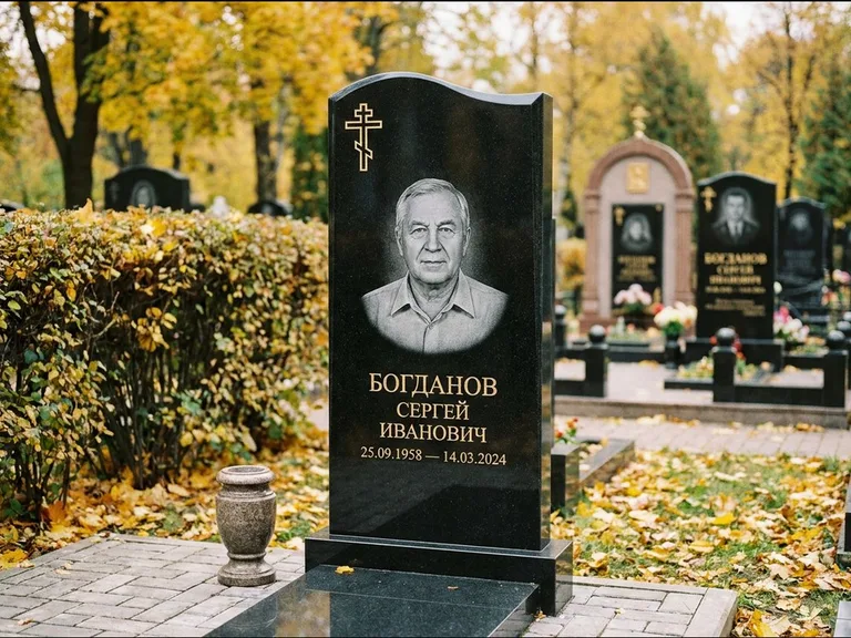 Памятник из чёрного гранита — стела с цветником с процветшим крестом с виноградной лозой, работа «Журавлёв» в Оренбурге