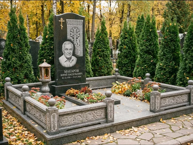 Памятник из чёрного гранита — стела с крестом и лампадой с армянским хачкаром, работа «Гущин» в Оренбурге