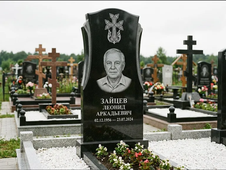 Памятник из чёрного гранита — семейная стела на двоих с армянским хачкаром, работа «Журавлёв» в Оренбурге