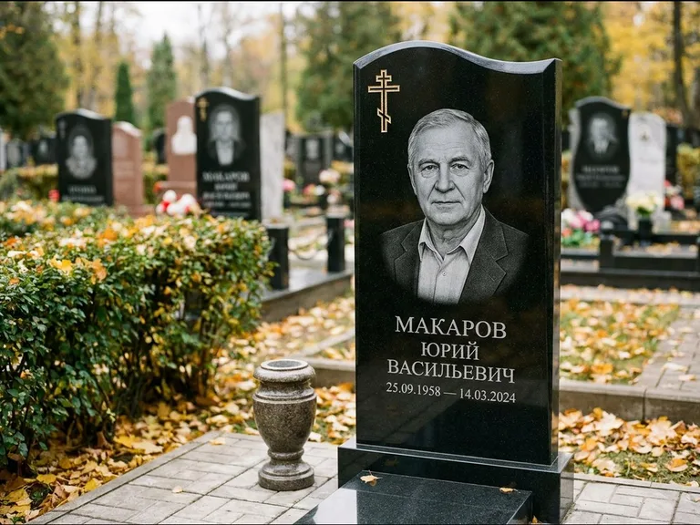 Памятник из чёрного гранита — фигурная стела с киот-нишей с процветшим крестом с виноградной лозой, работа «Богданов» в Оренбурге