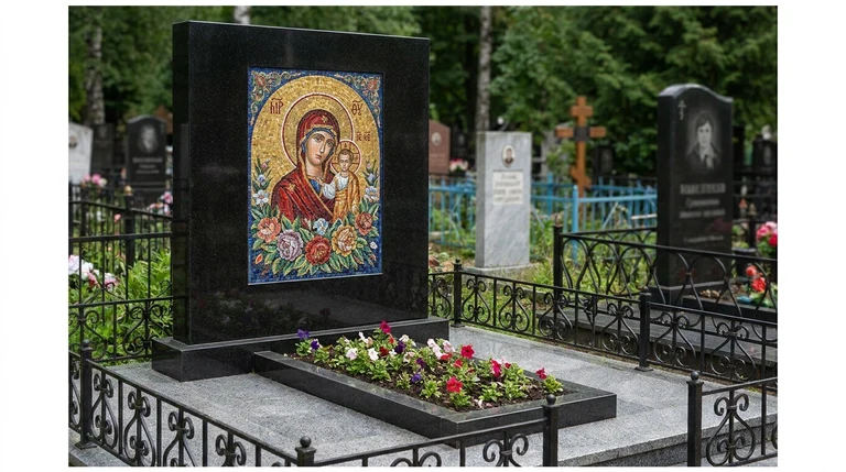 Мозаика на памятник в Оренбурге — цветное панно из смальты на чёрной гранитной стеле