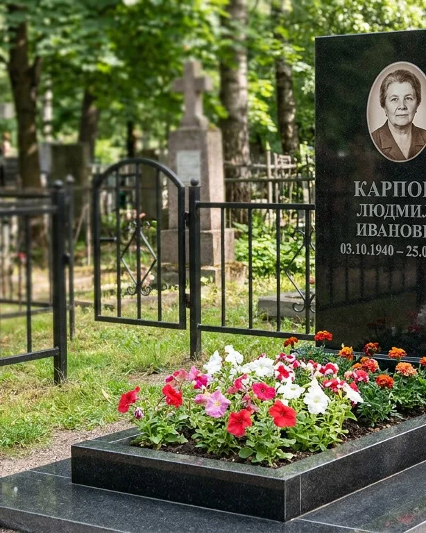 Памятник под ключ с низкой оградой и цветником в Оренбурге
