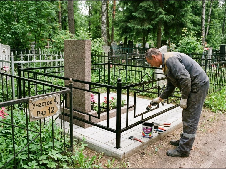 Покраска оградки на кладбище в Оренбурге — мастер красит металлическую ограду на могиле чёрной эмалью