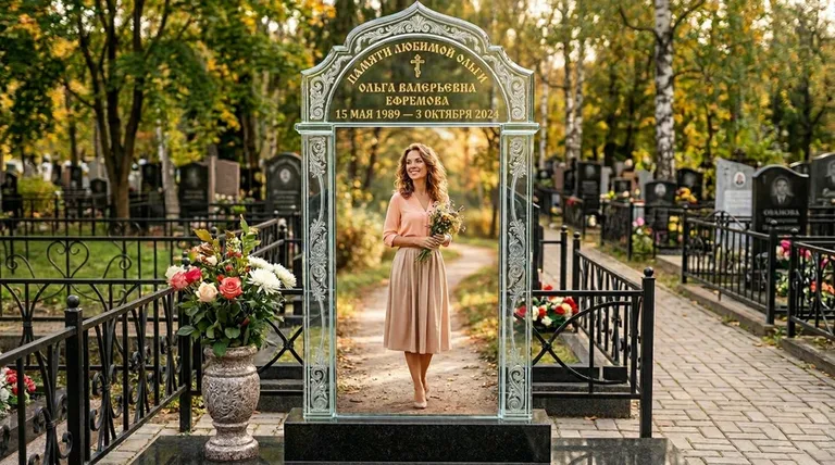 Портрет на стекле в форме арки на памятнике в Оренбурге