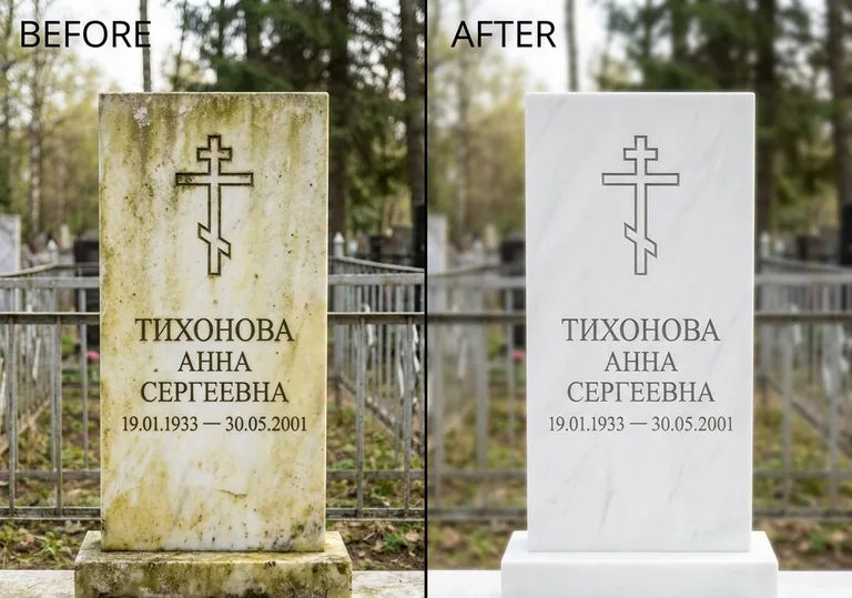 Восстановление мраморного надгробия от желтизны: до и после в Оренбурге