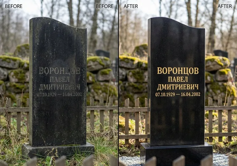 Золочение и обновление надписей на памятнике: до и после в Оренбурге