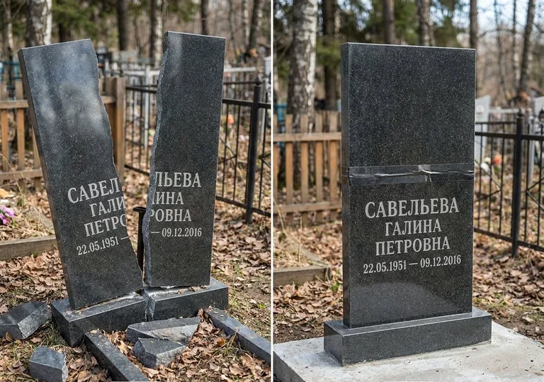 Склейка расколотого гранитного памятника: до и после в Оренбурге