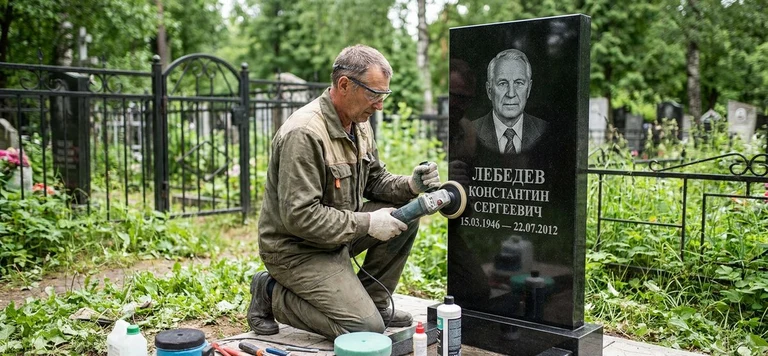 Реставрация памятника в Оренбурге — восстановление гранита, заделка трещин и обновление надписей на кладбище
