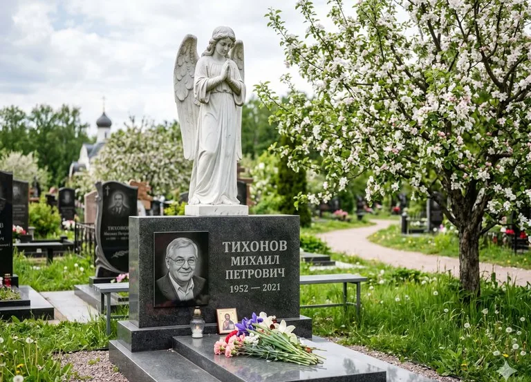 Мраморный молящийся ангел на гранитном памятнике весной в Оренбурге