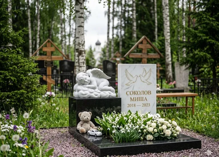 Белый ангелочек на детском памятнике в Оренбурге