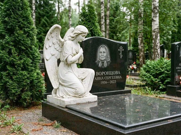 Белый мраморный ангел на гранитном памятнике в Оренбурге