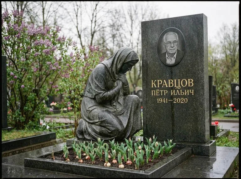 Гранитная скорбящая фигура у стелы на кладбище в Оренбурге