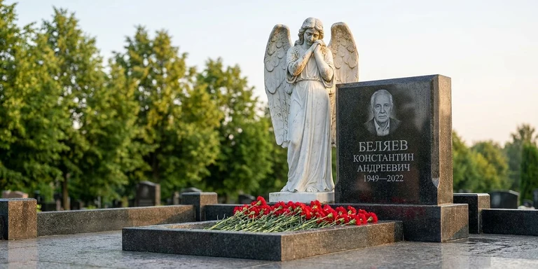 Скульптура на памятник в Оренбурге — мраморный ангел на гранитном мемориале