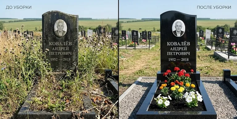 Уборка могилы до и после — ухоженный участок в Оренбурге