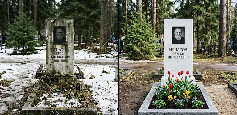 Диптих №6: высадка хризантем у подножия серого гранита — до и после уборки в Оренбурге