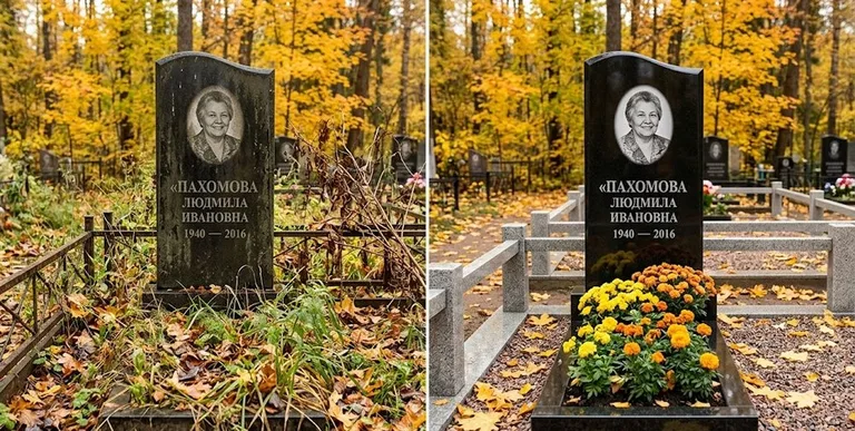 Уборка могилы до и после осенью — клёны в Оренбурге