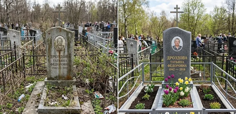 Диптих №4: свежепокрашенная серебром оградка и отмытый красный гранит — до и после в Оренбурге
