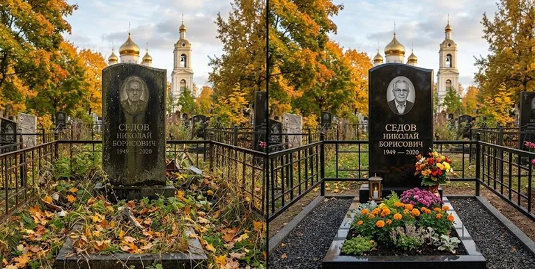 Уборка могилы до и после осенью — у церкви в Оренбурге