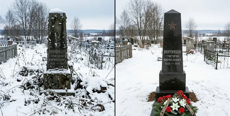 Уборка могилы до и после зимой — воинский обелиск в Оренбурге
