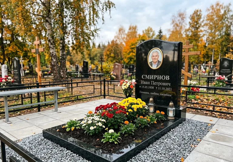 Ухоженная могила после уборки и мойки памятника в Оренбурге