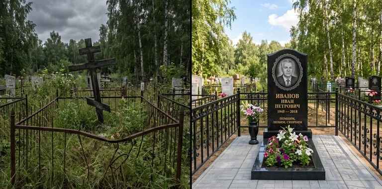 Благоустройство могилы до и после установки памятника в Оренбурге