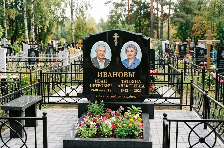 Установка памятника на бетонное основание с цоколем и цветником в Оренбурге