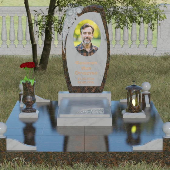 Мемориал с резьбой розы и асимметричной стелой, мрамор Тассос, вид 2