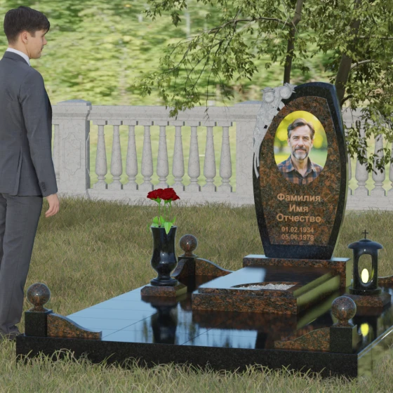 Мемориал с резьбой розы и асимметричной стелой, гранит Дымовский, вид 4