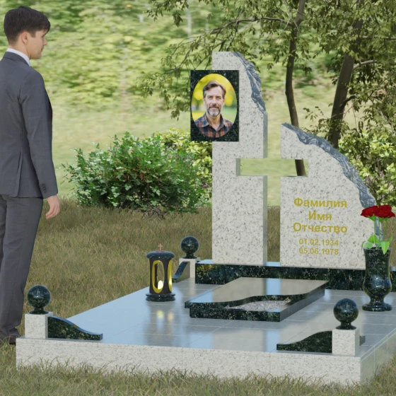 Комбинированный православный памятник с крестом в Перми, гранит Балтик грин, вид 4