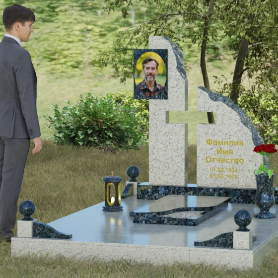 Комбинированный православный памятник с крестом в Перми, гранит Блю Перл, вид 4