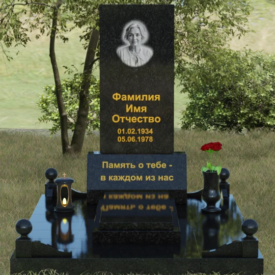 Вертикальный гранитный мемориал со строгими линиями и шарами, гранит Габбро-диабаз, вид 2