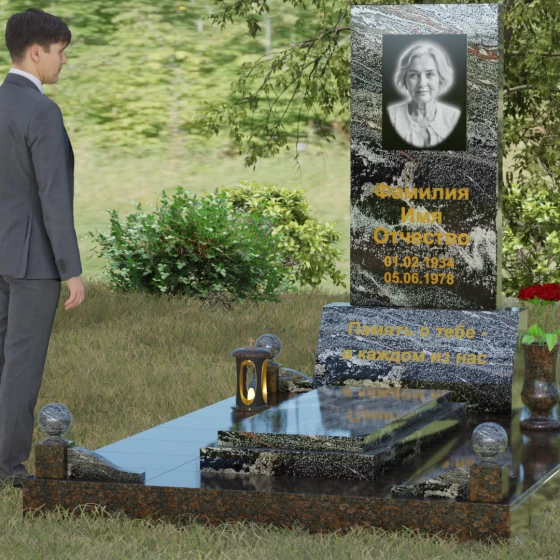 Вертикальный гранитный мемориал со строгими линиями и шарами, гранит амфиболит, вид 4