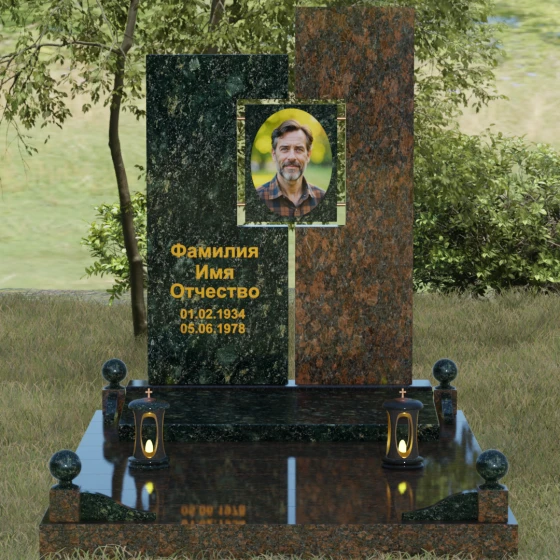 Комбинированный светский памятник вертикальный в Оренбурге, гранит Балтик грин, вид 2