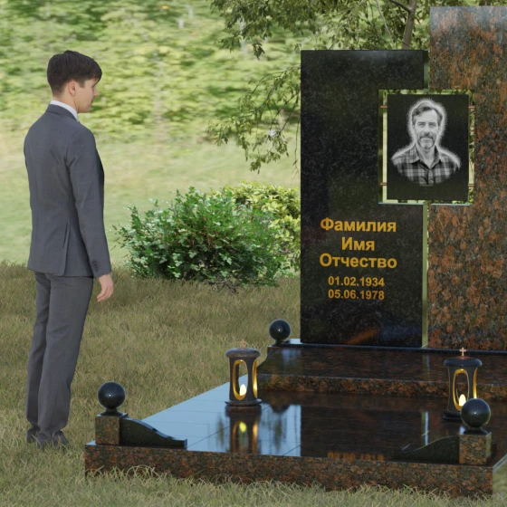 Комбинированный светский памятник вертикальный в Оренбурге, гранит Габбро-диабаз, вид 4