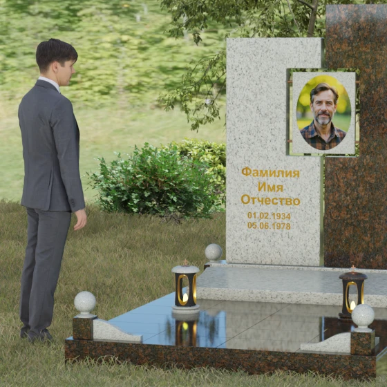 Комбинированный светский памятник вертикальный в Оренбурге, гранит Мансуровский, вид 4