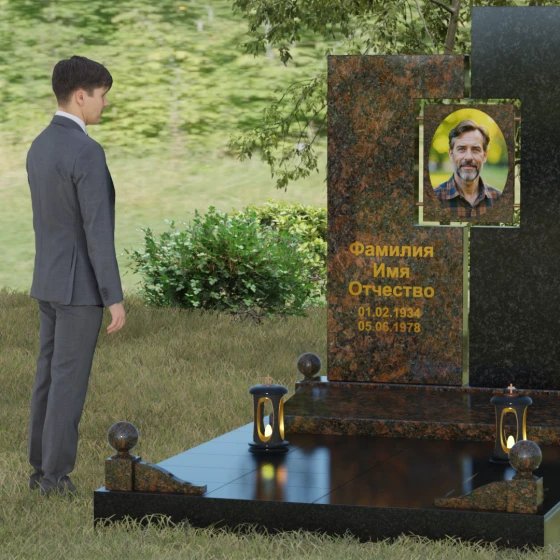 Комбинированный светский памятник вертикальный в Оренбурге, гранит Дымовский, вид 4