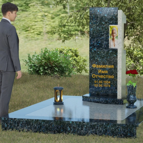 Вертикальный комбинированный светский памятник в Ставрополе, гранит Блю Перл, вид 4