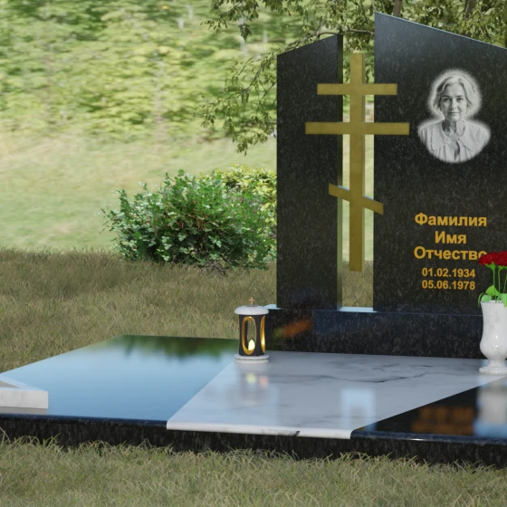Православный комбинированный памятник с крестом в Сочи, гранит Габбро-диабаз, вид 4