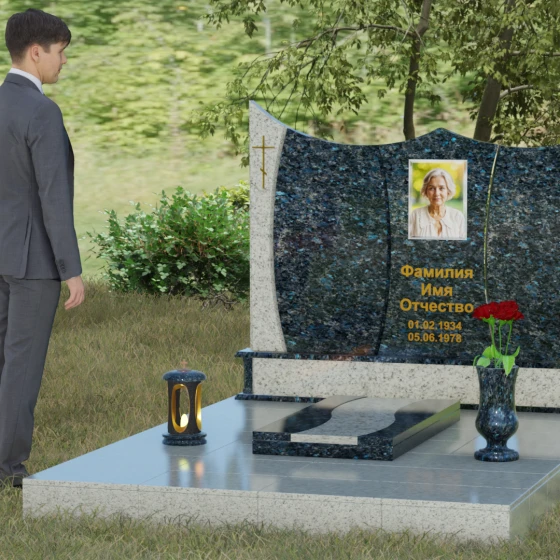 Горизонтальный комбинированный памятник с крестом в Казани, гранит Блю Перл, вид 4